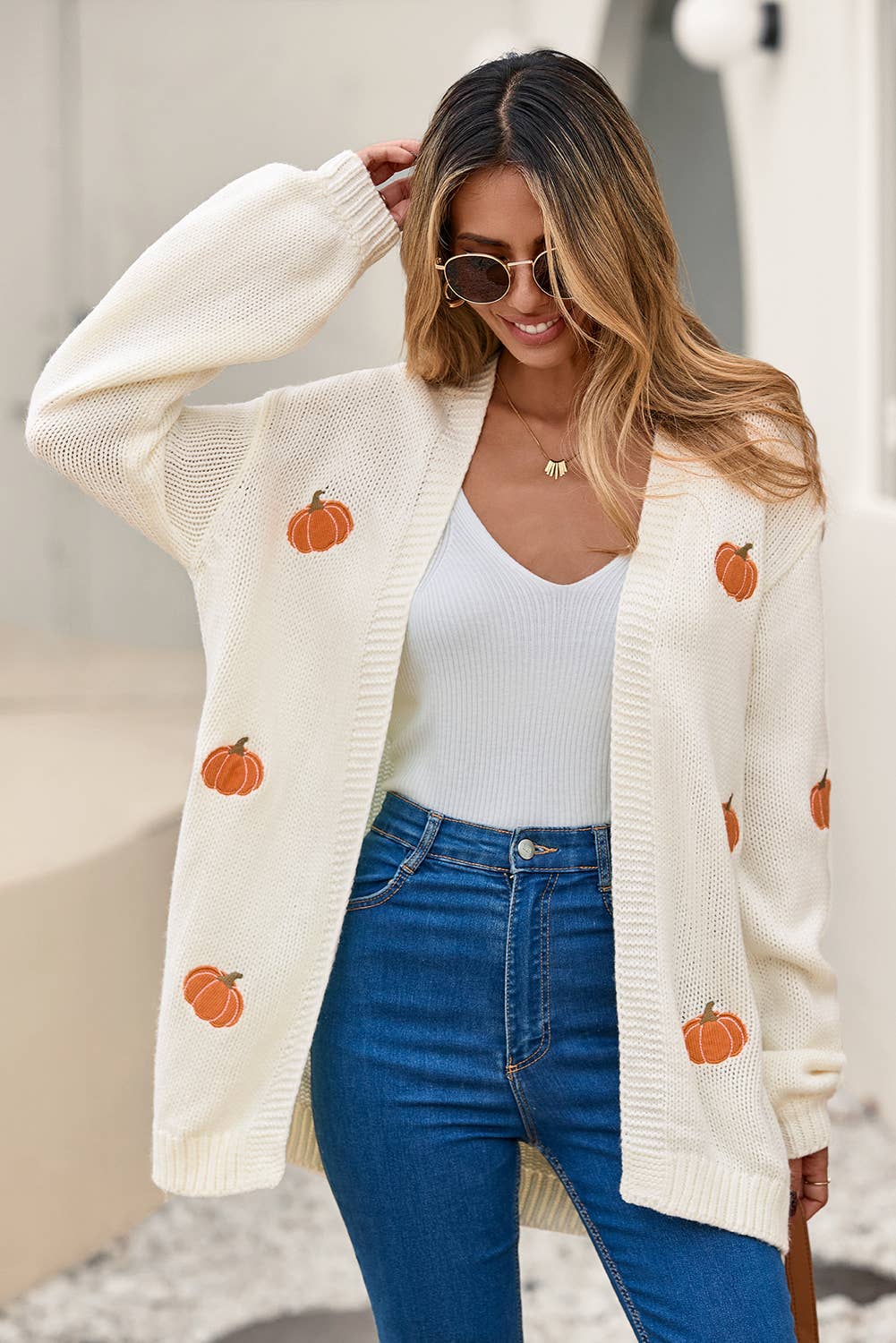 Pumpkin Open Front Drop Shoulder Sweater Cardigan| S-4X: White / S