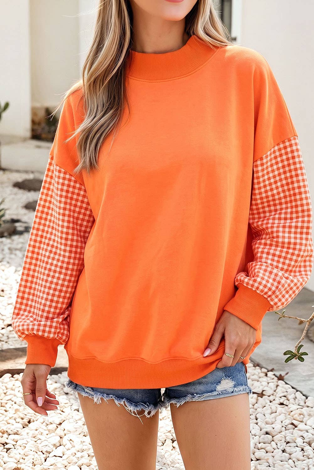 F/W26 NEW Plaid Sleeve Colorblock Mock Neck Sweatshirt| S-4X: Plaid Sleeve-Coffee / M