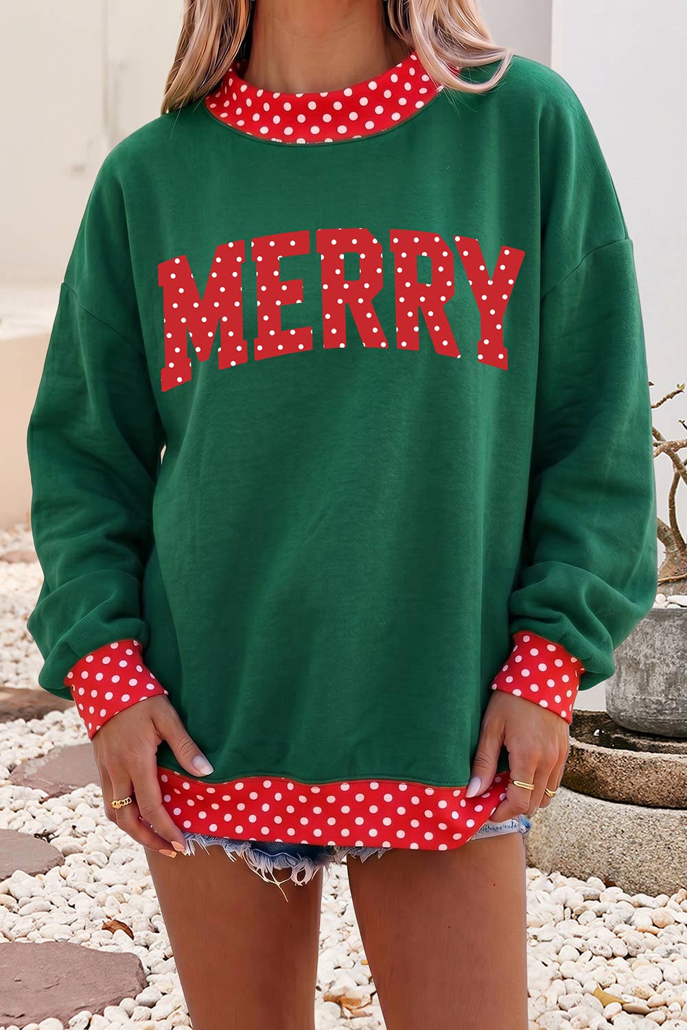 F/W26 Polka Dot Contrast Holiday Mock Neck Sweatshirt |S-4X: Dark Green-Merry / M