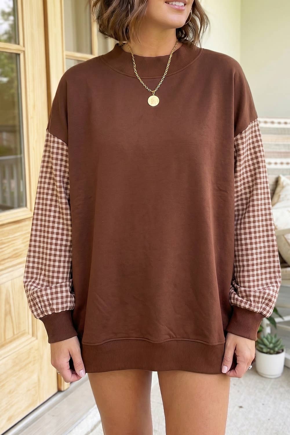 66 Plus Size Plaid/ Camo/ Dot Mock Neck Sweatshirt (S-4X): Brown / XL