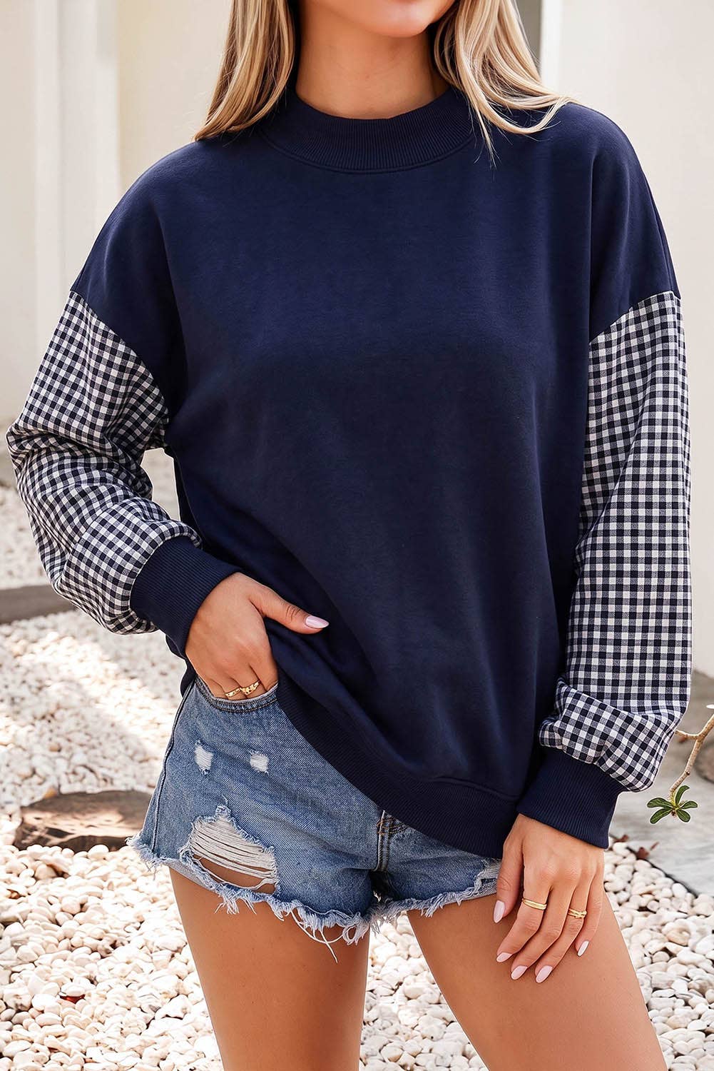 F/W26 NEW Plaid Sleeve Colorblock Mock Neck Sweatshirt| S-4X: Plaid Sleeve-Coffee / M