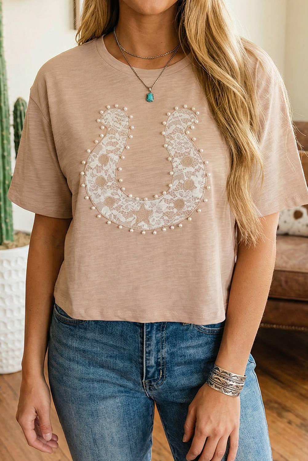LDC Lace Pearled Decor Horse Shoe Graphic Western T Shirt: Smoke Gray / L