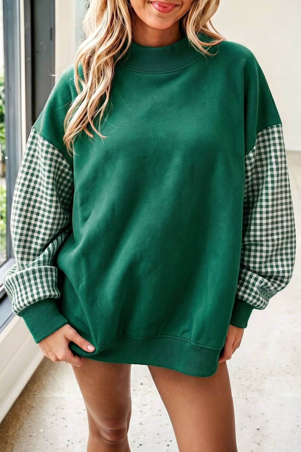 66 Plus Size Plaid/ Camo/ Dot Mock Neck Sweatshirt (S-4X): Camo Beige / L