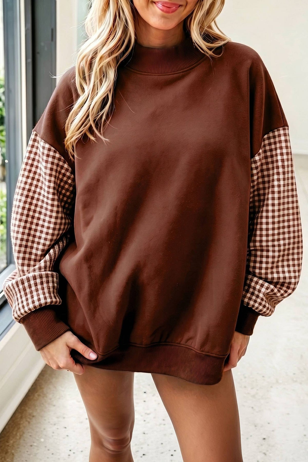 66 Plus Size Plaid/ Camo/ Dot Mock Neck Sweatshirt (S-4X): Camo Beige / L