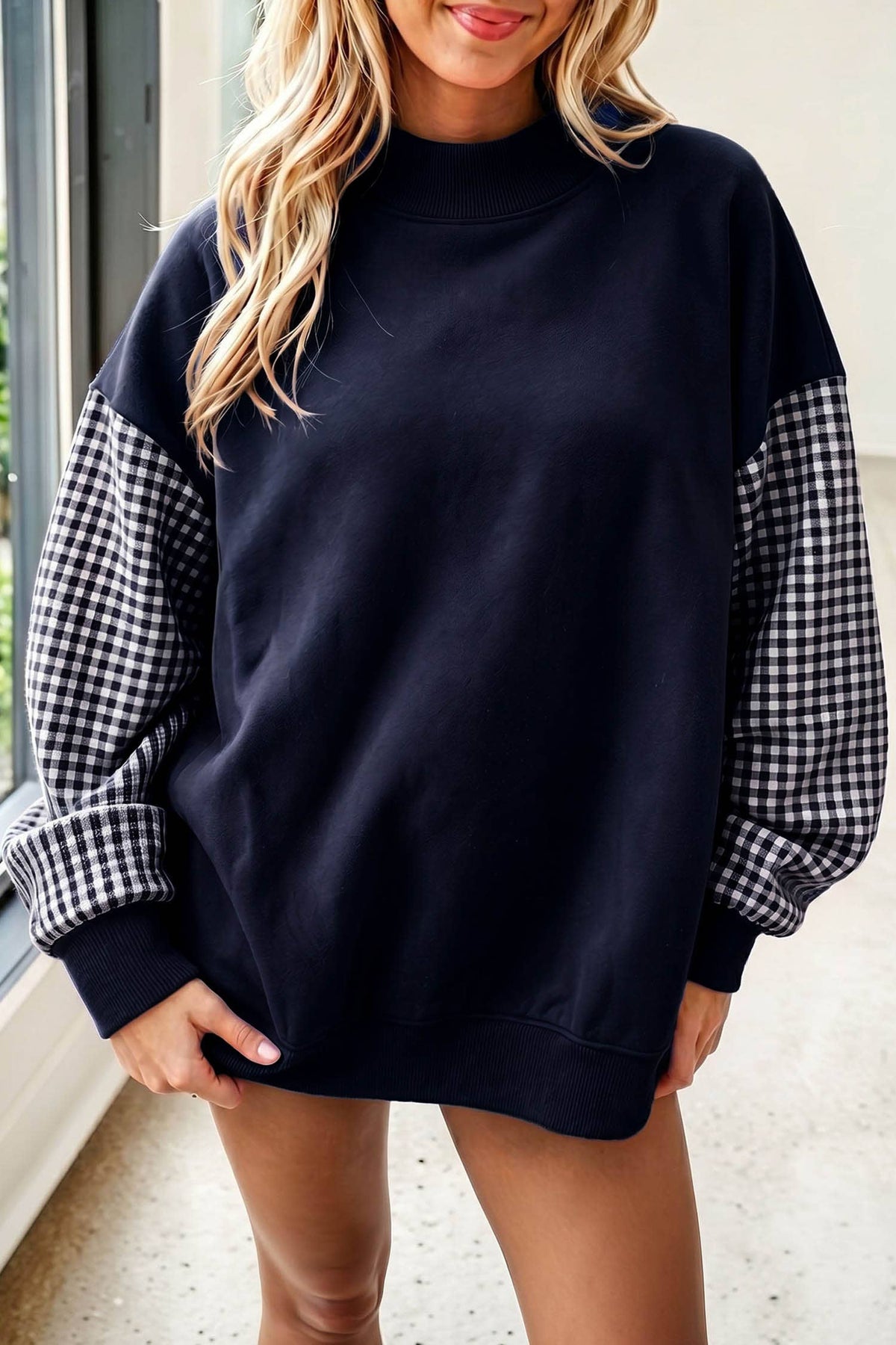 66 Plus Size Plaid/ Camo/ Dot Mock Neck Sweatshirt (S-4X): Camo Beige / M