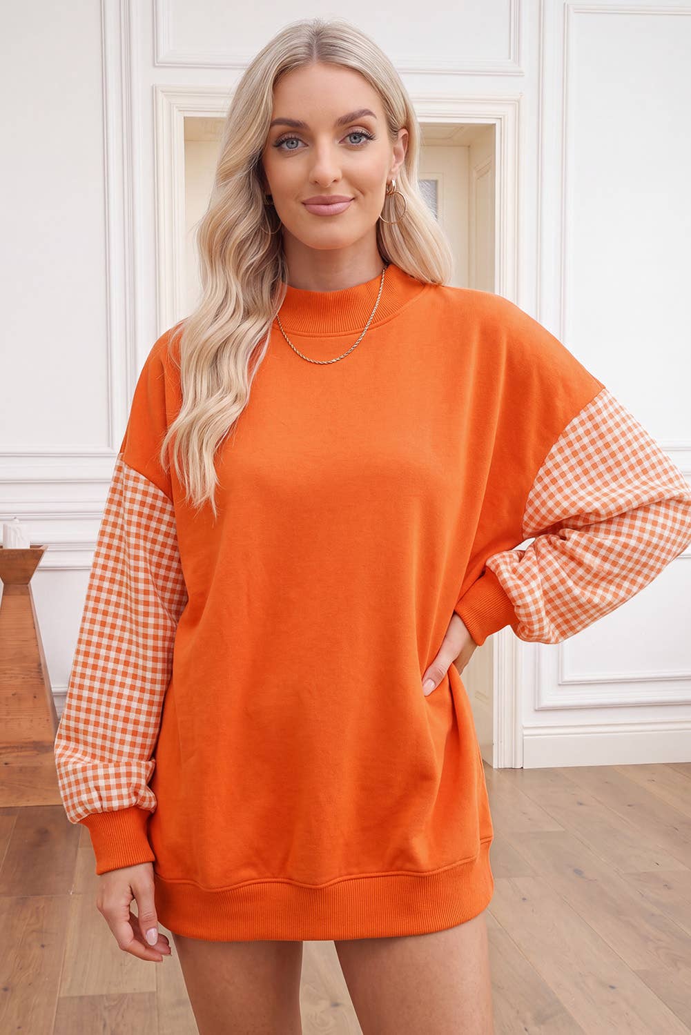 66 Plus Size Plaid/ Camo/ Dot Mock Neck Sweatshirt (S-4X): Brown / XL