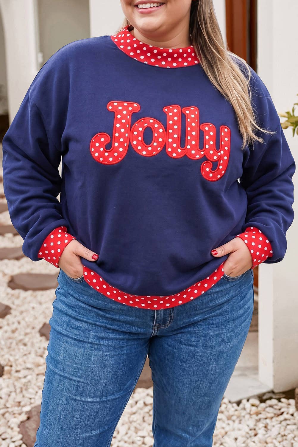 F/W26 Polka Dot Contrast Holiday Mock Neck Sweatshirt |S-4X: Dark Green-Merry / M