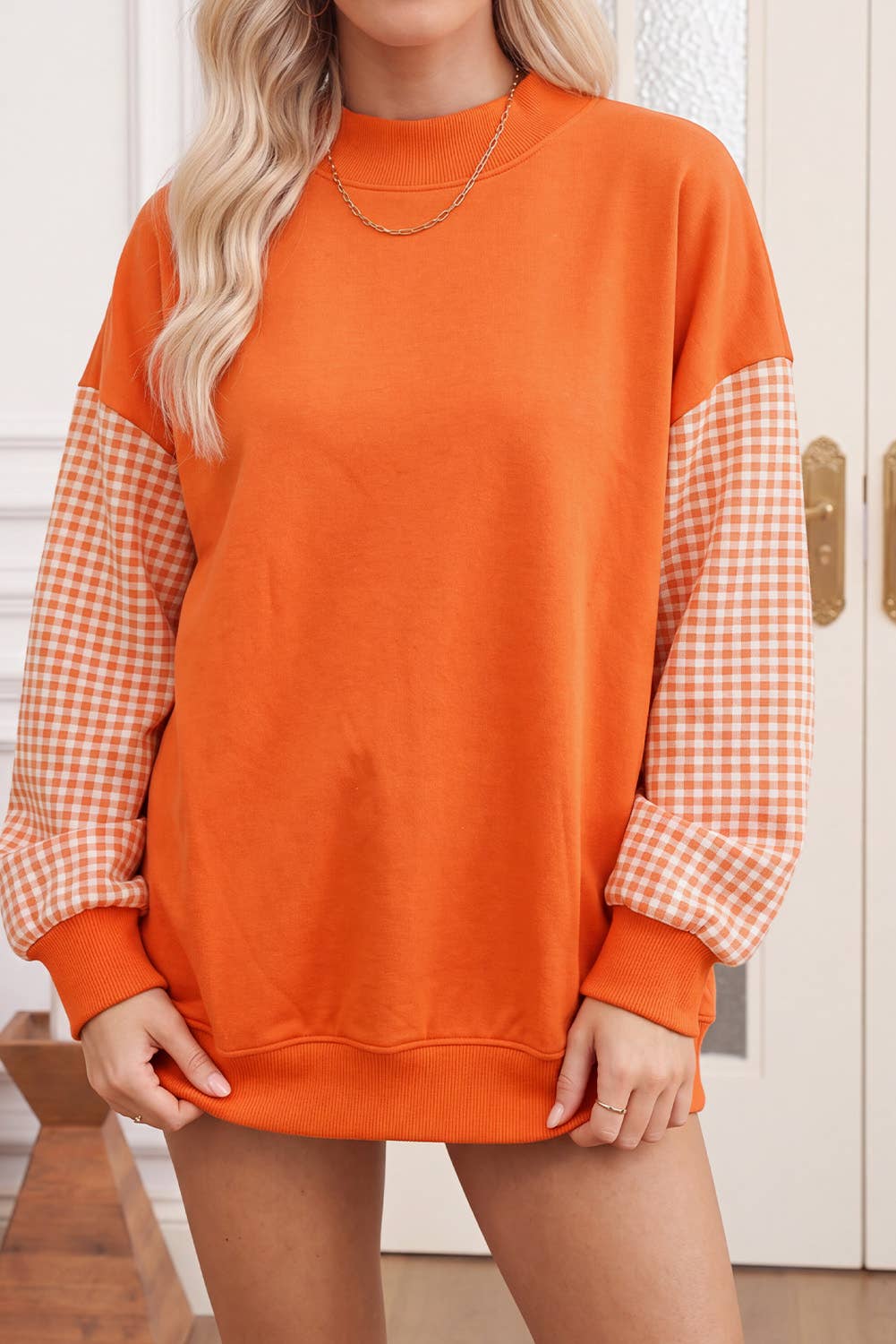 66 Plus Size Plaid/ Camo/ Dot Mock Neck Sweatshirt (S-4X): Brown / XL