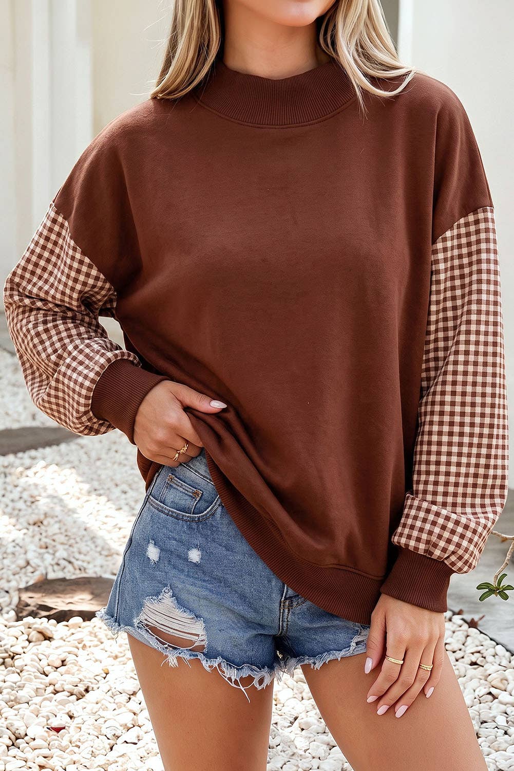 F/W26 NEW Plaid Sleeve Colorblock Mock Neck Sweatshirt| S-4X: Plaid Sleeve-Coffee / M