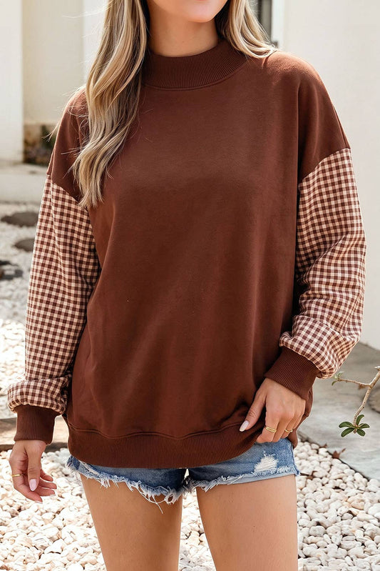 F/W26 NEW Plaid Sleeve Colorblock Mock Neck Sweatshirt| S-4X: Plaid Sleeve-Coffee / S