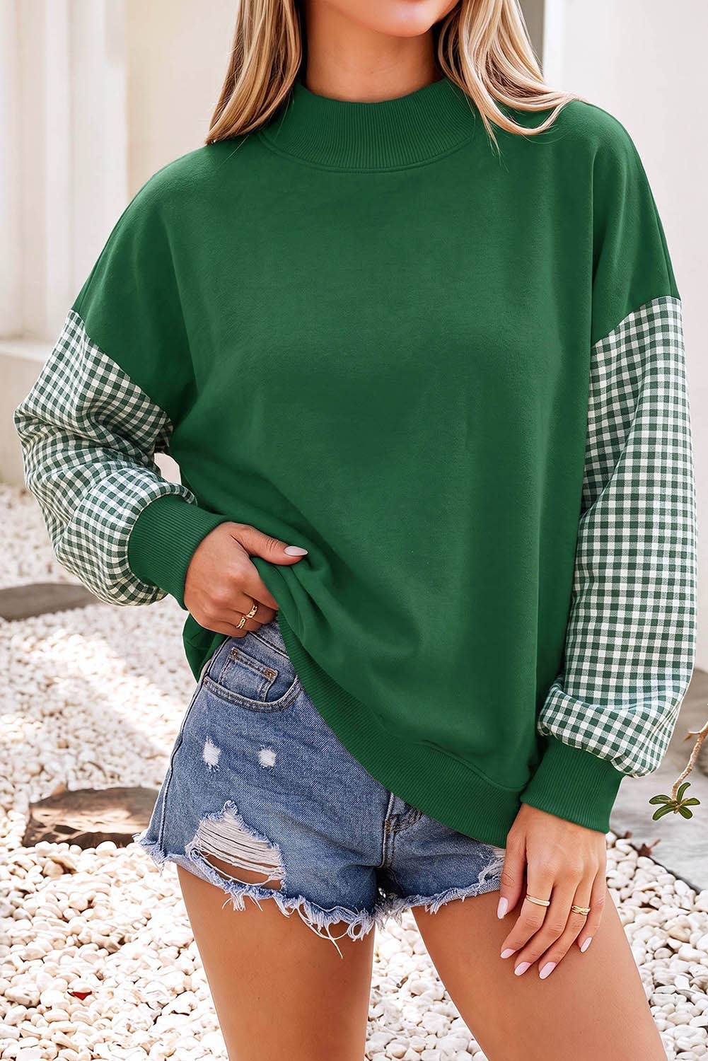 F/W26 NEW Plaid Sleeve Colorblock Mock Neck Sweatshirt| S-4X: Plaid Sleeve-Coffee / S