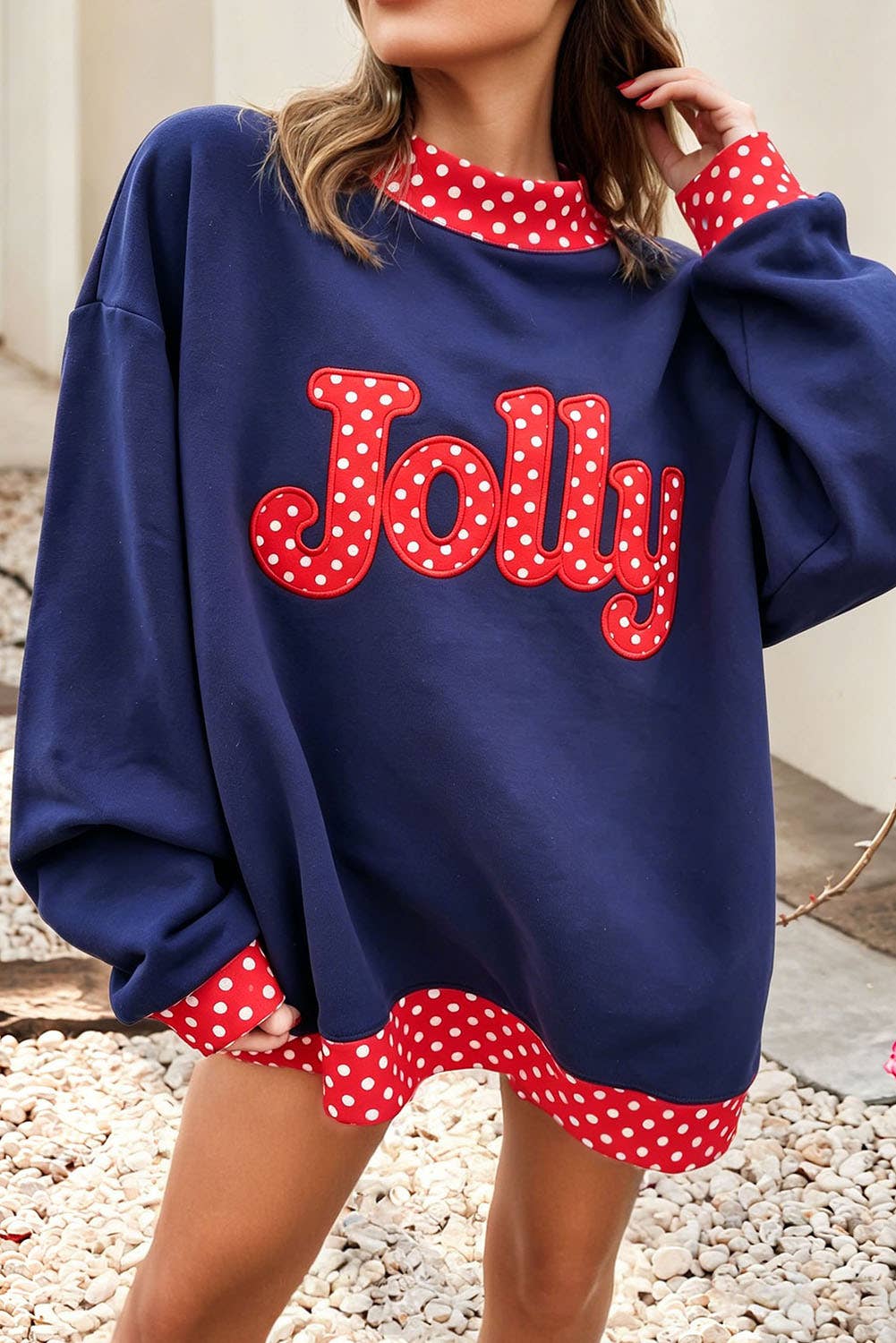 F/W26 Polka Dot Contrast Holiday Mock Neck Sweatshirt |S-4X: Dark Green-Merry / S