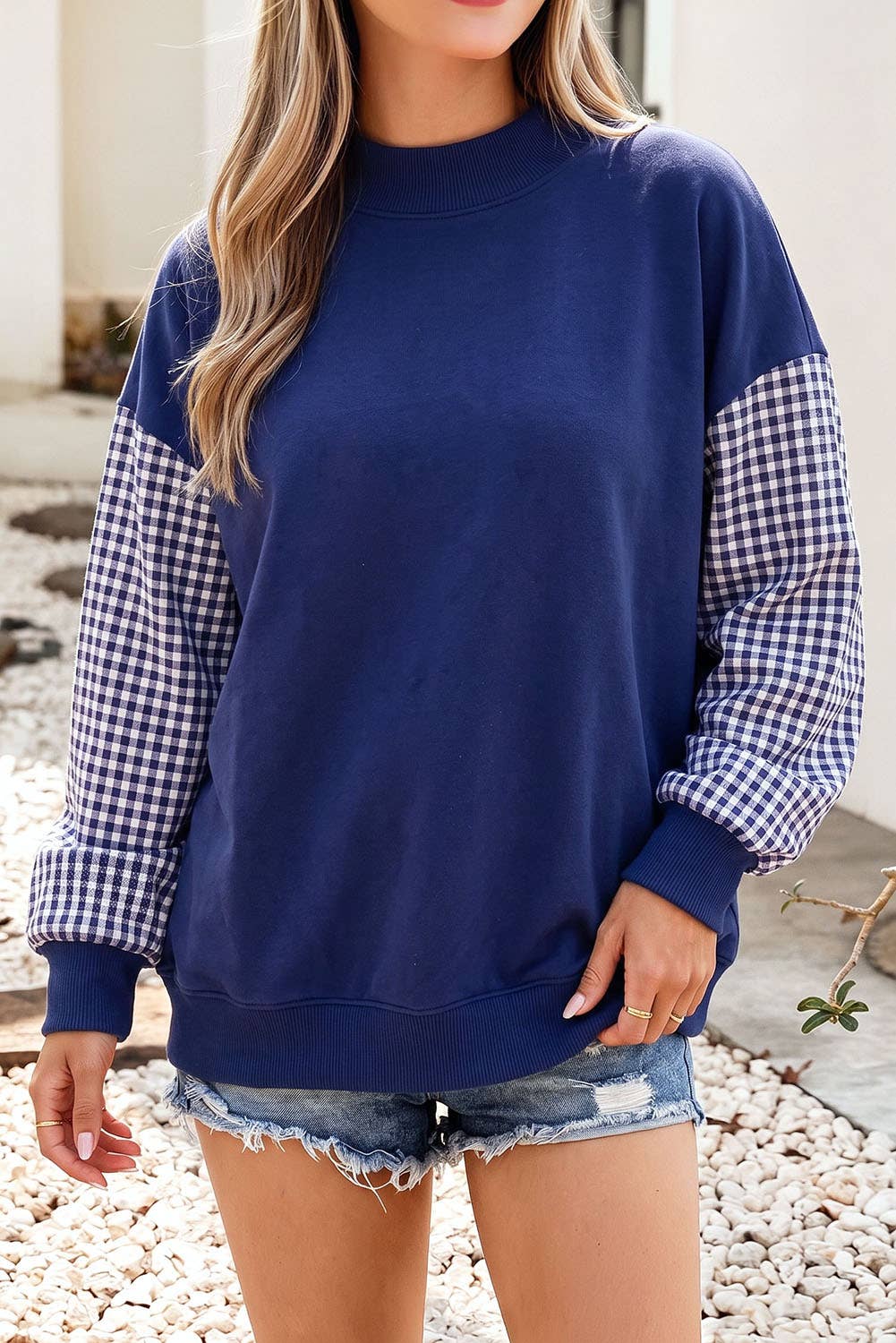 F/W26 NEW Plaid Sleeve Colorblock Mock Neck Sweatshirt| S-4X: Plaid Sleeve-Coffee / M