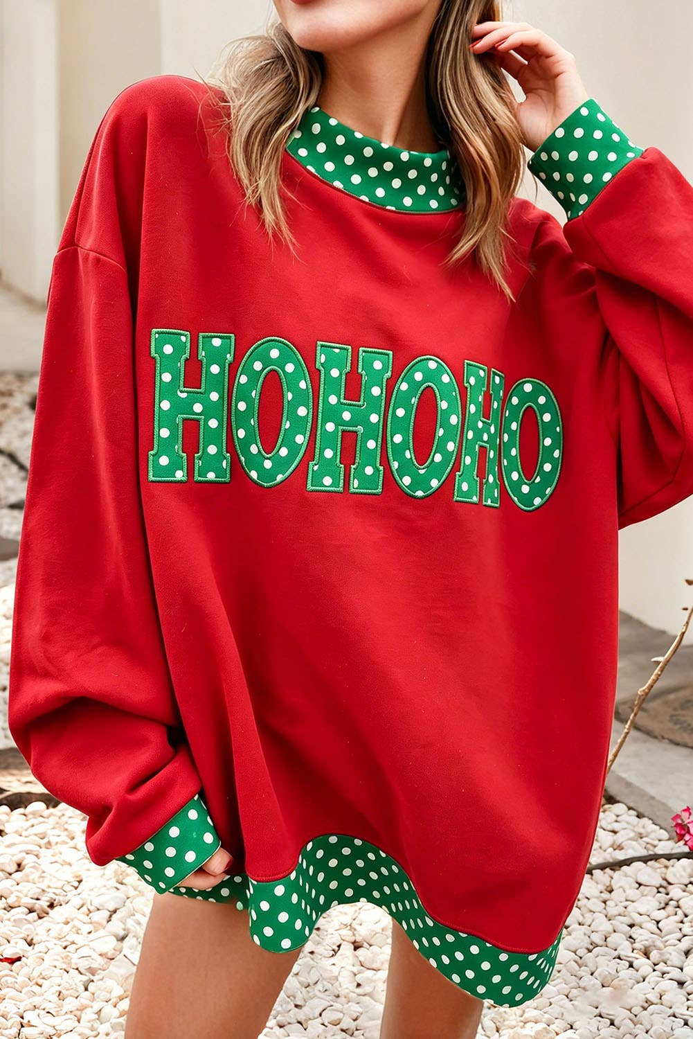 F/W26 Polka Dot Contrast Holiday Mock Neck Sweatshirt |S-4X: Dark Green-Merry / M