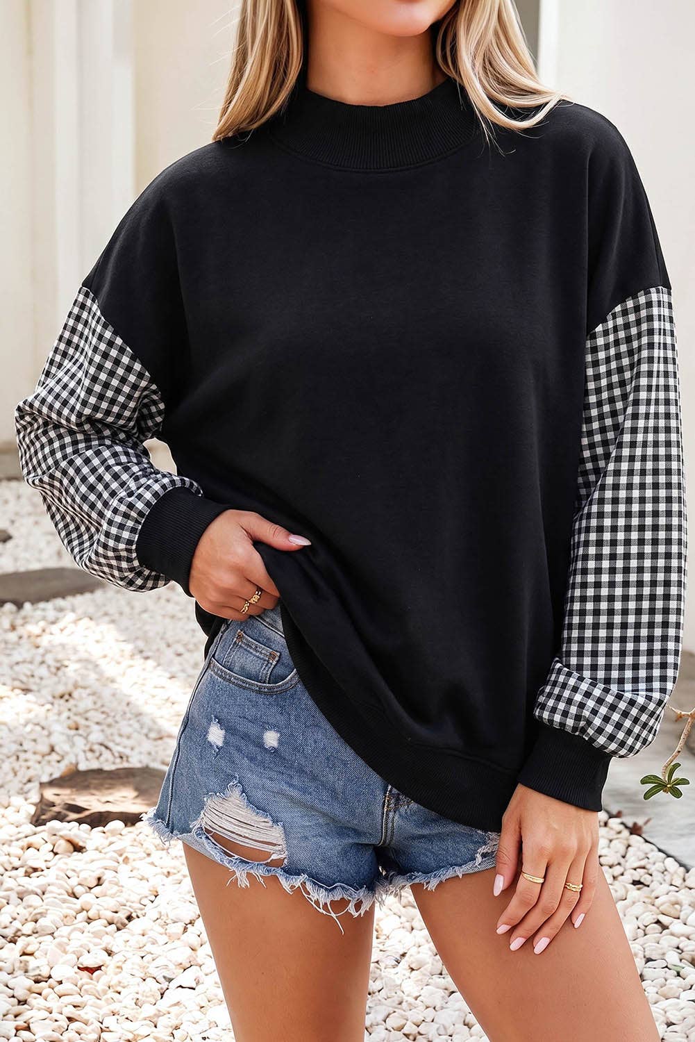 F/W26 NEW Plaid Sleeve Colorblock Mock Neck Sweatshirt| S-4X: Plaid Sleeve-Coffee / M