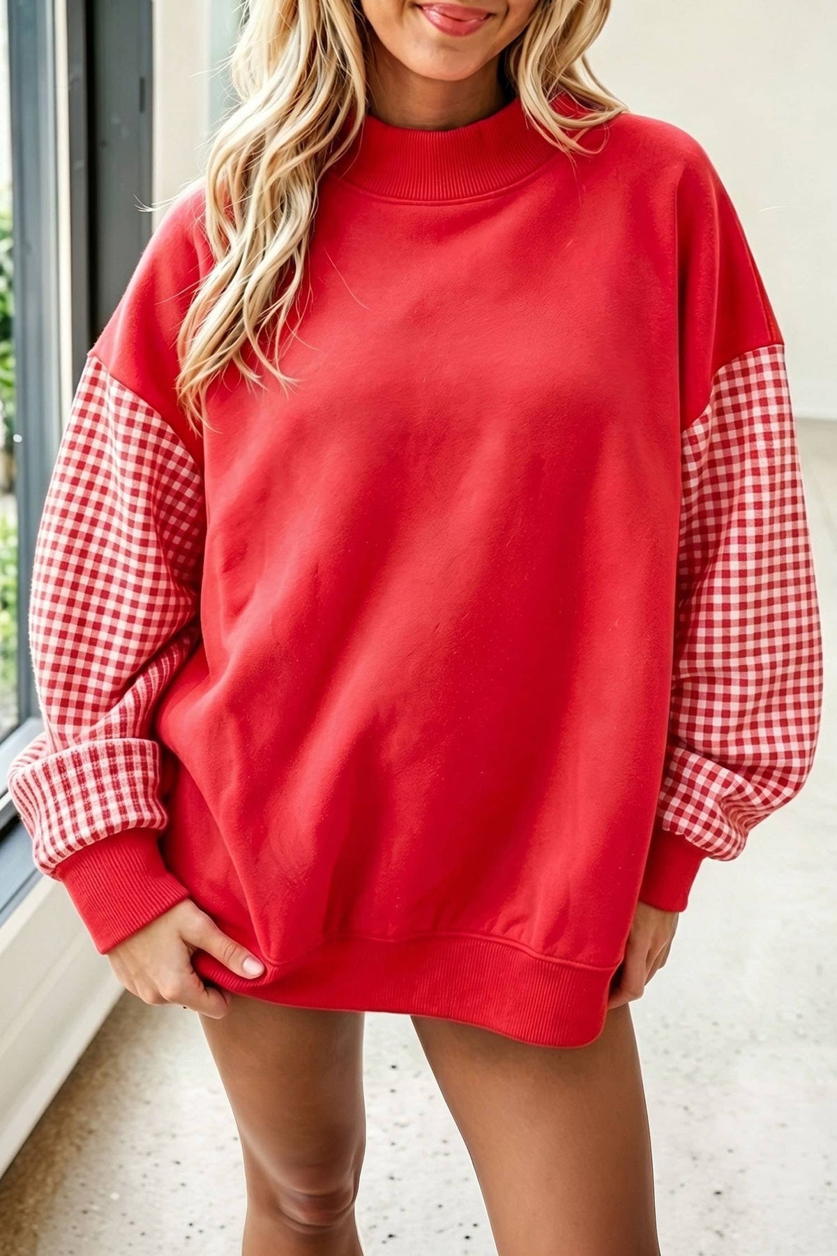 66 Plus Size Plaid/ Camo/ Dot Mock Neck Sweatshirt (S-4X): Camo Beige / M