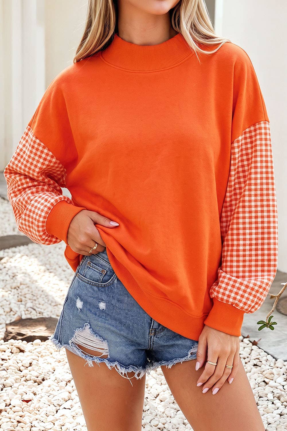 F/W26 NEW Plaid Sleeve Colorblock Mock Neck Sweatshirt| S-4X: Plaid Sleeve-Coffee / M