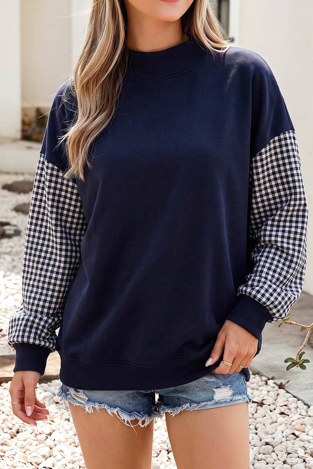 F/W26 NEW Plaid Sleeve Colorblock Mock Neck Sweatshirt| S-4X: Plaid Sleeve-Coffee / S