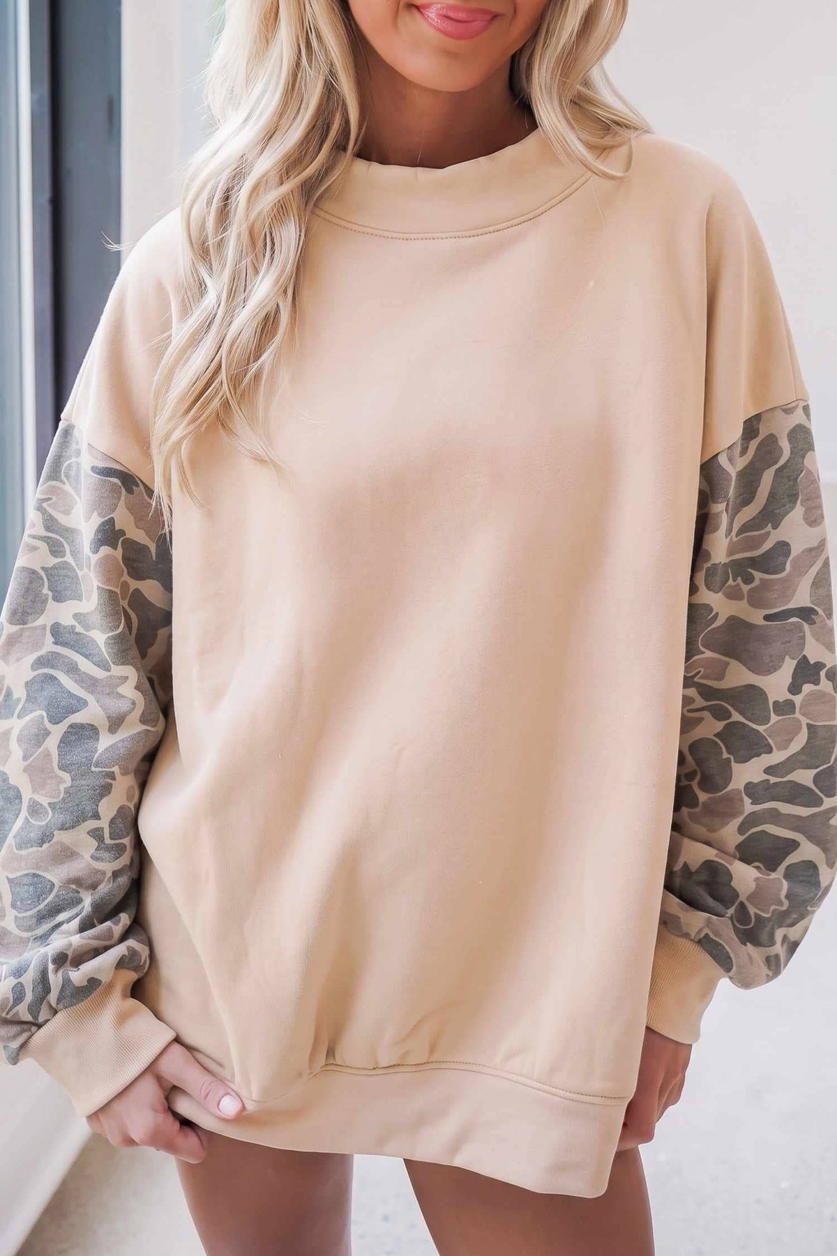 66 Plus Size Plaid/ Camo/ Dot Mock Neck Sweatshirt (S-4X): Camo Beige / M