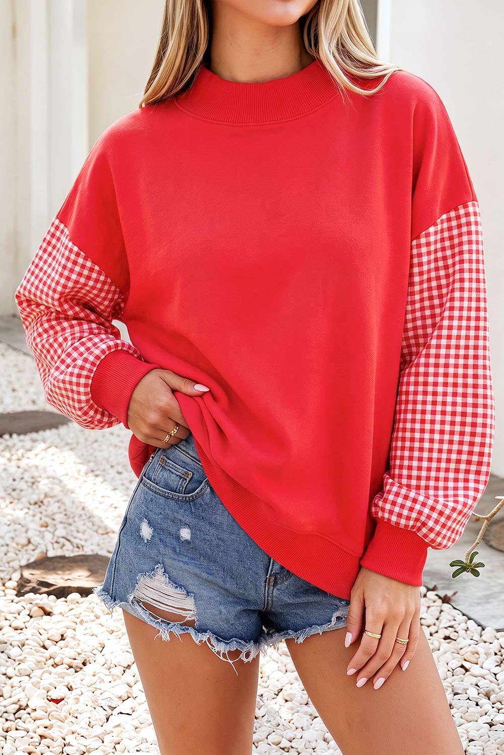 F/W26 NEW Plaid Sleeve Colorblock Mock Neck Sweatshirt| S-4X: Plaid Sleeve-Coffee / M