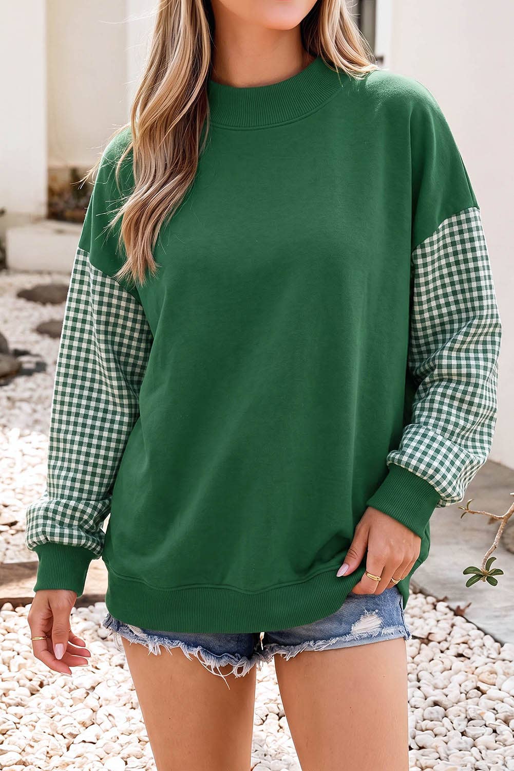 F/W26 NEW Plaid Sleeve Colorblock Mock Neck Sweatshirt| S-4X: Plaid Sleeve-Coffee / M
