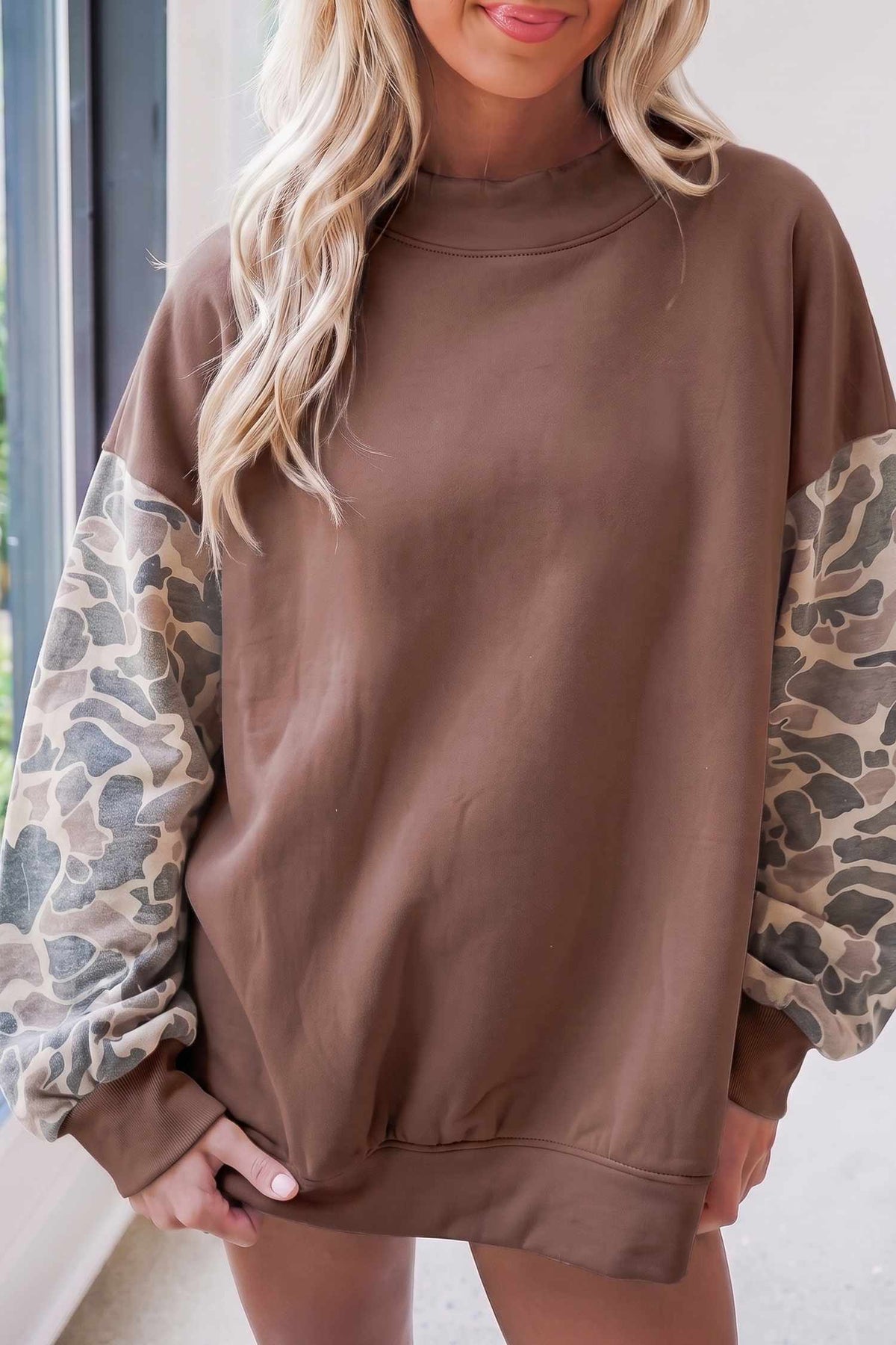 66 Plus Size Plaid/ Camo/ Dot Mock Neck Sweatshirt (S-4X): Brown / XL