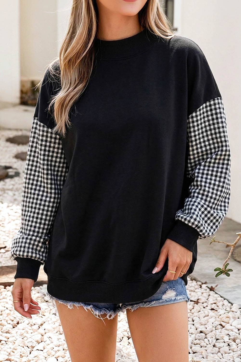 F/W26 NEW Plaid Sleeve Colorblock Mock Neck Sweatshirt| S-4X: Plaid Sleeve-Coffee / M