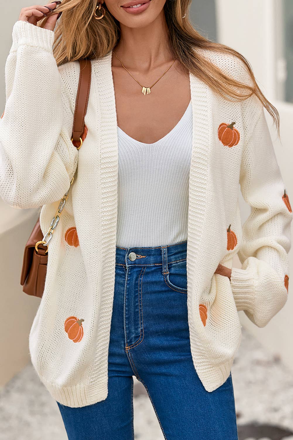 Pumpkin Open Front Drop Shoulder Sweater Cardigan| S-4X: White / M