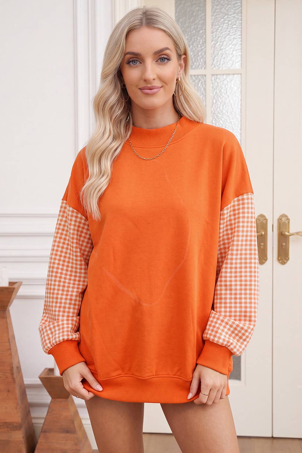 66 Plus Size Plaid/ Camo/ Dot Mock Neck Sweatshirt (S-4X): Brown / XL