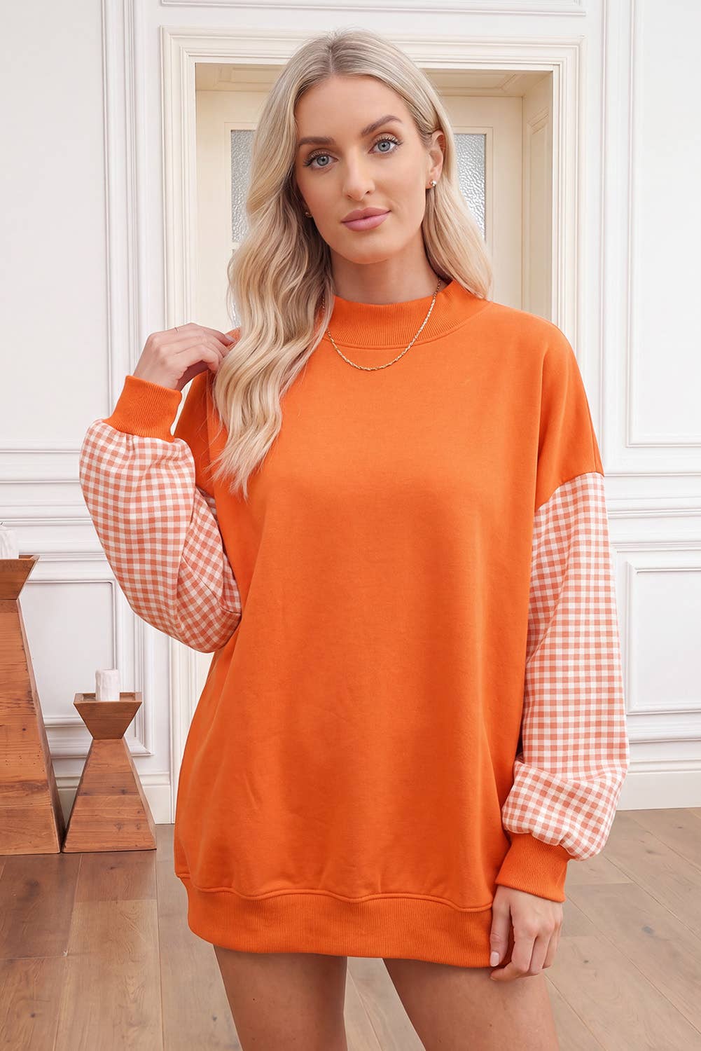 66 Plus Size Plaid/ Camo/ Dot Mock Neck Sweatshirt (S-4X): Brown / XL