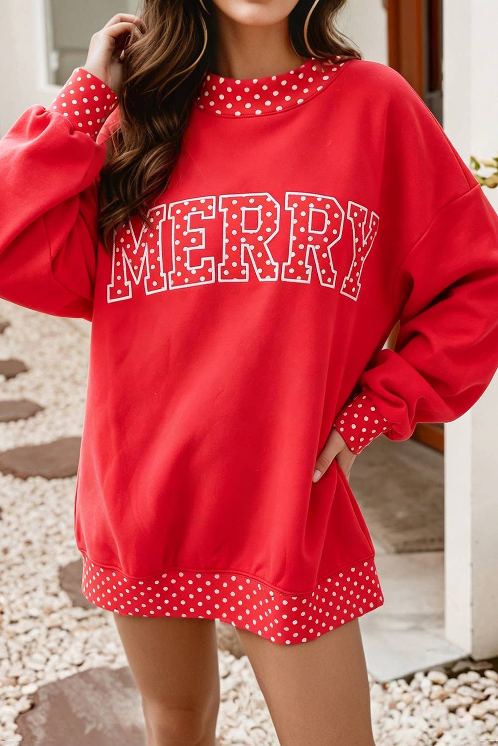 F/W26 Polka Dot Contrast Holiday Mock Neck Sweatshirt |S-4X: Dark Green-Merry / S