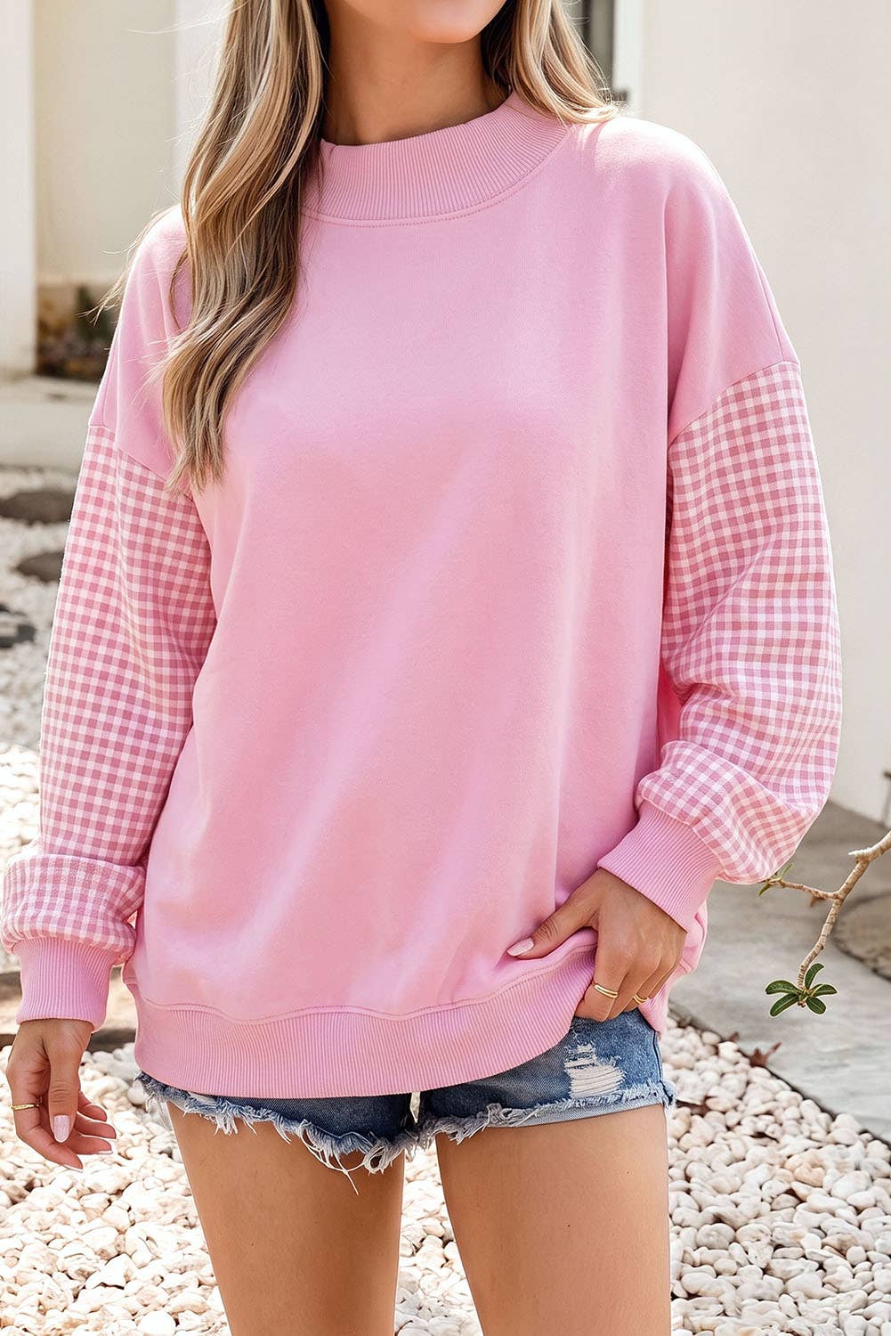 F/W26 NEW Plaid Sleeve Colorblock Mock Neck Sweatshirt| S-4X: Plaid Sleeve-Coffee / M