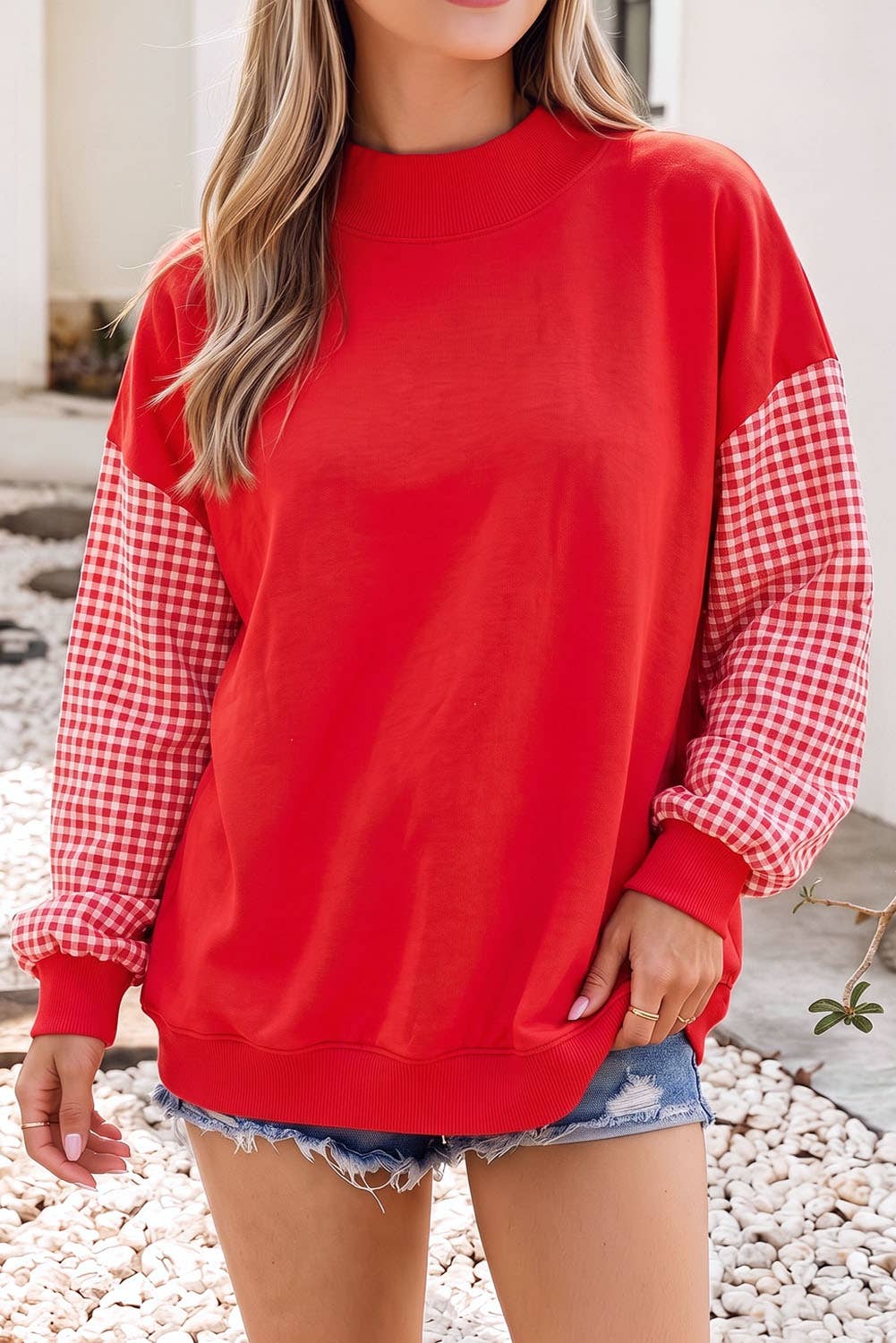 F/W26 NEW Plaid Sleeve Colorblock Mock Neck Sweatshirt| S-4X: Plaid Sleeve-Coffee / M