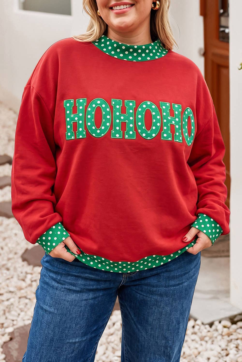 F/W26 Polka Dot Contrast Holiday Mock Neck Sweatshirt |S-4X: Dark Green-Merry / M