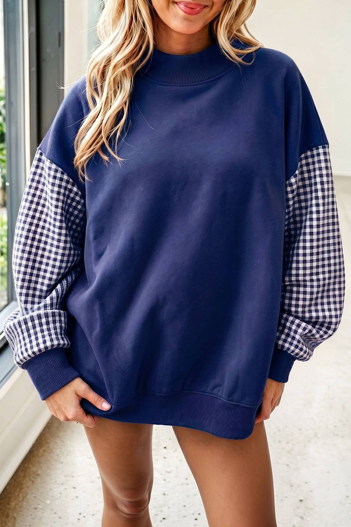 66 Plus Size Plaid/ Camo/ Dot Mock Neck Sweatshirt (S-4X): Brown / XL